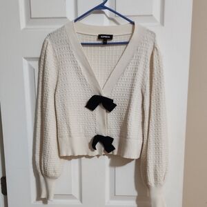 Express Women's Cream Cardigan with Black Bows